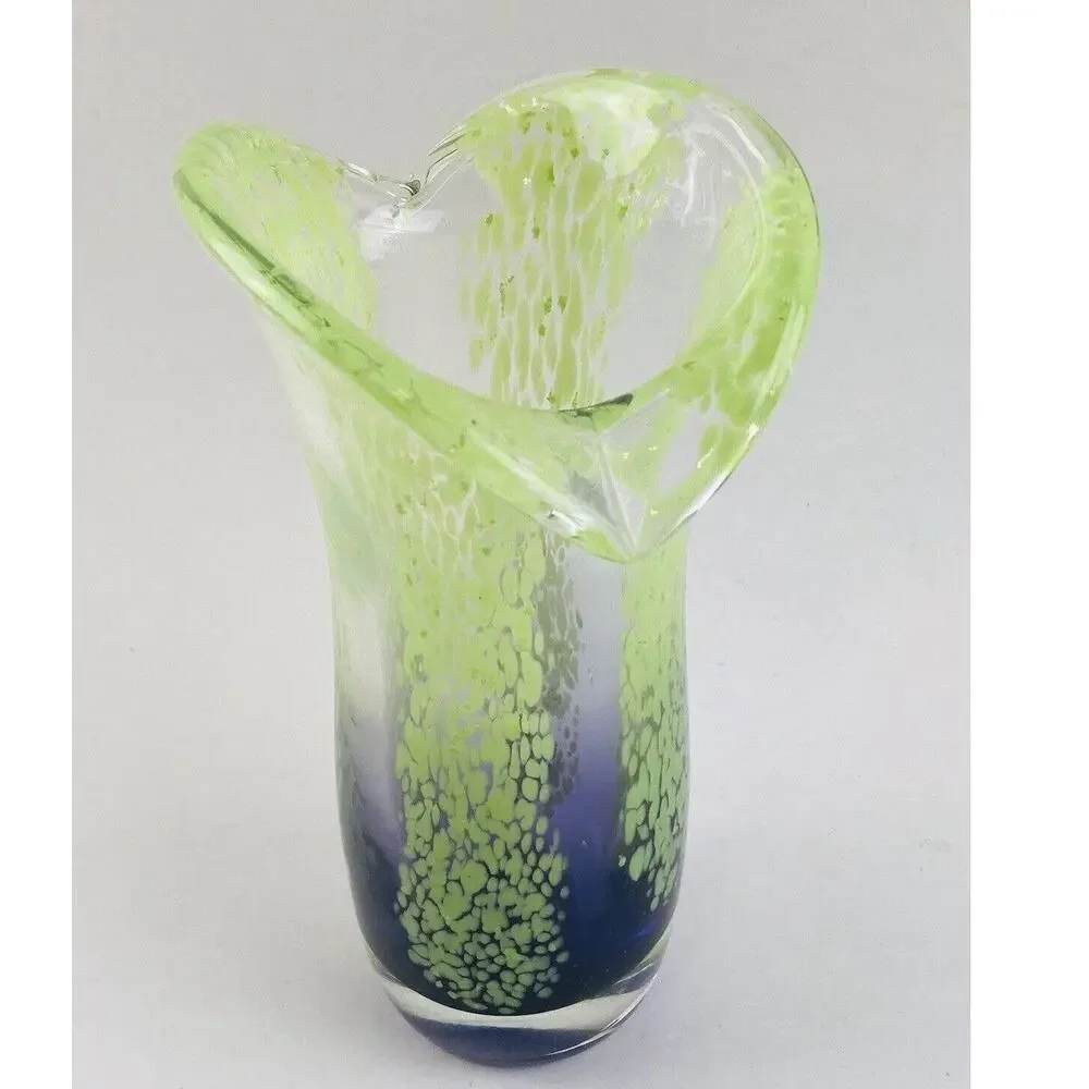 Art Glass Blown Vase 8” Blue Lime Green Splatter Speckle Stripe Wide Mouth Flare